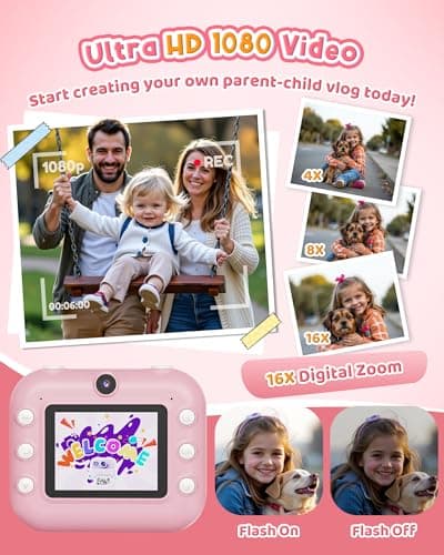 Instant Camera, Front Rear Dual Selfie Kids Camera with 1080P Videos, Holiday Birthday Gifts for Kids Age 3-12, Toddler Portable Travel Print Digital Camera Toy for 4 5 6 7 8 9 Year Boys Girls - Thumbnail 4