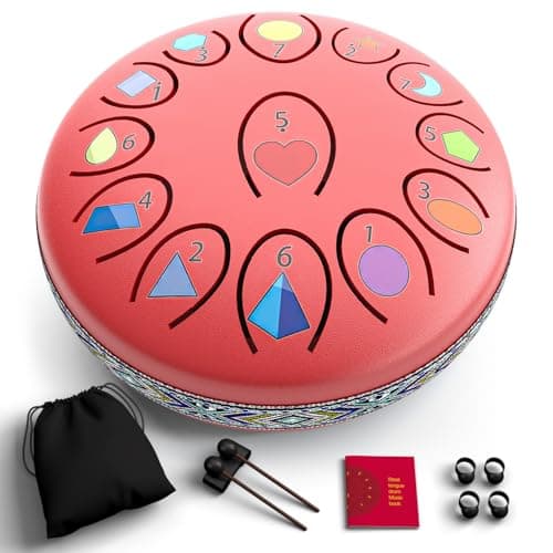 REGIS Rain Drum for Outside Garden, 6.8 Inches 13 Notes Steel Tongue Drum, Waterproof Meditation Rain Chime, UV-Printed Notes & Geometric Design, with Bag, Mallets & Music Book(red)