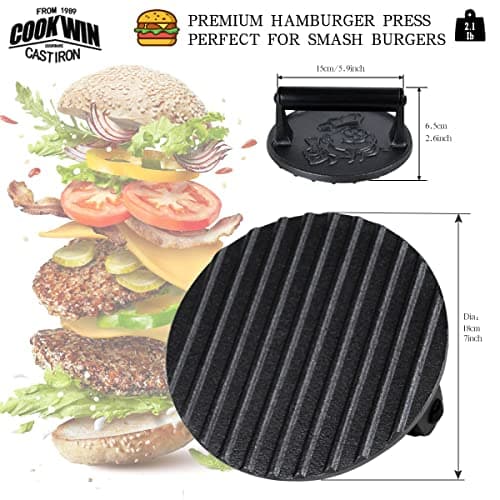 COOKWIN 7" Cast Iron Smash Burger Press Kit, Heavy-Duty Hamburger Smasher with Non-Slip Handles and 50 pcs Patty Paper, 2.1 lb Bacon Meat Weight Press for Steak, Smashburger, Grill and BBQs - Thumbnail 4