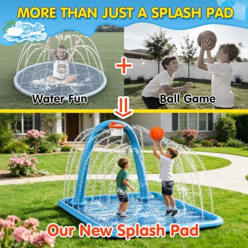 Instraella Splash Pad, 110x91'' 2-in-1 Large Sprinkler Mat with Basketball Hoop and Arch for Kids Outdoor Play, Shoot Game for Backyard, Inflatable Water OutdoorToys More Fun for Boys and Girls - Thumbnail 2
