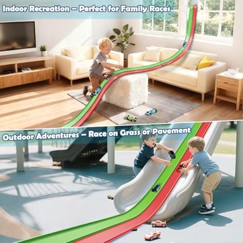 Flex Tracks 15 Ft Starter Set, Flexible Race Track for Kids 3+ with Strong Suction Cups, Flexible Car Track Race Car Ramp Track Compatible with 1/64 Diecast Cars, Portable Rolls Up Race Tracks - Thumbnail 4
