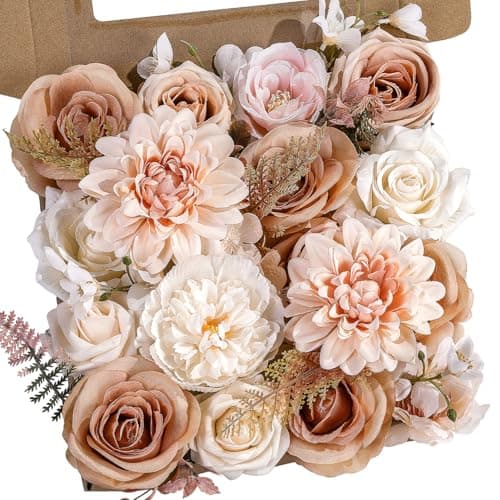 Nude Artificial Flowers Combo, Fake Silk Dahlia Roses Bulk with Stems Box Set for Wedding Bridal Bouquets, Baby Shower, Birthday Party, Table Centerpieces, Home Decor & DIY Floral Arrangements - Image 1