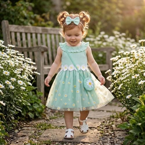 Toddler Girl Daisy Dress Set 3Pcs Ribbed Knit Tulle Sundress with Bag & Headband Cute Summer Floral Outfit for First Birthday Party Light Green 6-9Months - Thumbnail 4