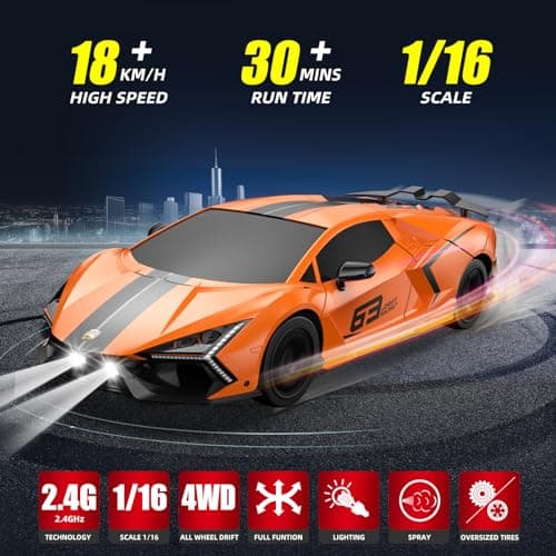 Sakeye RC Drift Car, Drifting RC Car 2.4GHz 1:16 Remote Control Cars 4WD High Speed Racing Vehicle with LED Lights Two Batteries and Drifting Tires Sport Toy Cars for Adults Boys Girls Kids Orange - Thumbnail 2