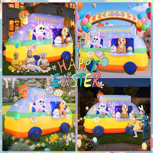 GIFTFIND 7.3FT Long Easter Inflatables Outdoor Decorations - Bunny and Dog Riding Bus, Build-in LED Lights Holiday Blow Up Yard Decoration, for Patio Garden Lawn Party Celebration Decor - Thumbnail 2