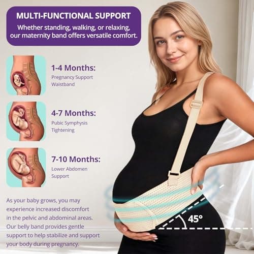 Maternity Belly Band with Back Support – Over-the-Shoulder Pregnancy Support Belt with Lumbar Support, Breathable Mesh Design, Strong Adjustable Hook & Loop Straps, No Digging Comfort for All-Day Wear (Beige, X-Large（187LB+）) - Thumbnail 3