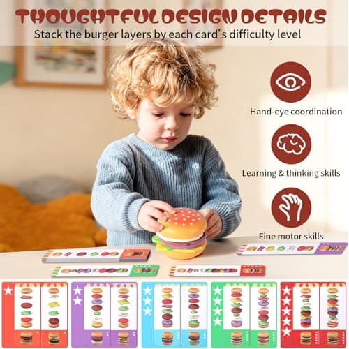 Wooden Play Food for Kids Kitchen Set with 10 Stacking Challenge Cards, 40+ Pcs Fake Fast Food Hamburger Toy with Roast Chicken & Play Money, Pretend Play Toys Birthday Gift for Toddlers Age 2-6 - Thumbnail 2