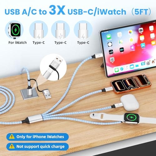 Travel Essentials Multi Charging Cable for iWatch Charger, 4in2 3XUSB C Cable Multiple Charger Cord, USBC Car CarPlay Cable Compatible with iWatch Ultra/11-1/iPhone 17-15/Galaxy S25-22, 5F Blue - Thumbnail 2