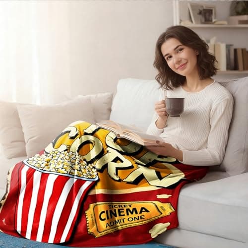 Popcorn Throw Blanket Gifts for Movie Lovers, Soft Cozy Flannel Decorative Vintage Film Cinema Themed Blanket for Movie Room Couch Bed Sofa Office Travel Nap Birthday Christmas Holiday Present 50"x60" - Thumbnail 3