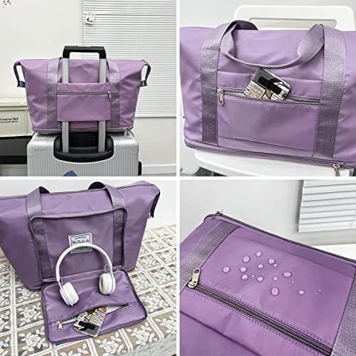 Large Capacity Foldable Travel Bag, Sports Shoulder Bag, Duffel Bag with Wet and Dry Separation, Oxford Fabric, Waterproof (Purple) - Thumbnail 2