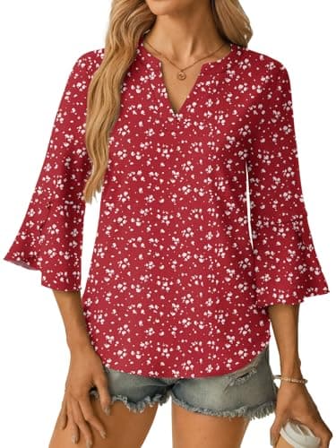 GKBK Women's Blouses Ruffle 3/4 Sleeve Dressy Top V Neck Casual Tunic Blouses Business Shirts Red M - Thumbnail 2