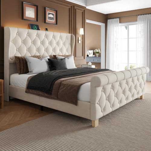 Uteeran Queen Size Bed Frame with Headboard, Velvet Upholstered Platform Bed with LED Lights & Charging Station, Button Tufted, No Box Spring Needed,Noise Free,Beige