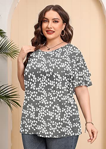 AusLook Plus Size Casual Tops For Women Grey Sakura 5X Tunic Double Ruffle Short Sleeve Blouses Crewneck Clothing Tee Ladies Clothes Flowy Dressy Casual Loose Fit Outfits Maternity Summer Clothes - Thumbnail 3