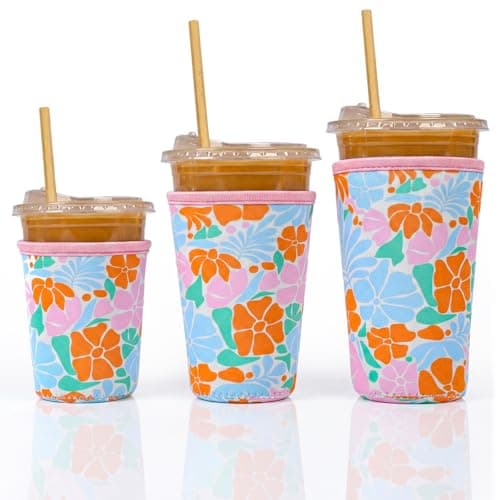 Dntorx Reusable 3-Pack Iced Coffee Cup Sleeve, Insulated Neoprene Drink Sleeve for 16-32 oz Hot Cold Beverages（Matisse Flowers）