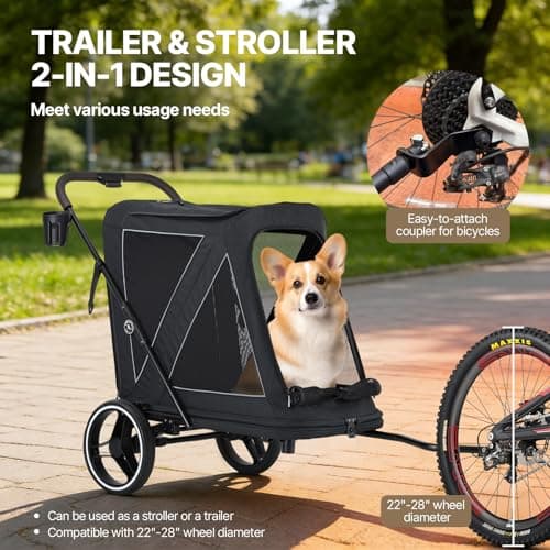 Beberoad Dog Stroller for Large Dogs, 2-in-1 Pet Stroller Dog Bicycle Trailer, R7 All-Terrain ER Tires with Shock Absorption, One-Second Fold, Mesh Windows, Detachable & Washable Waterproof Fiber - Thumbnail 2