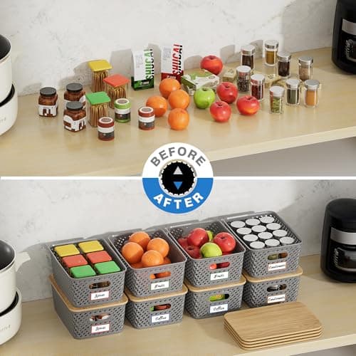 Anysig 8 Packs Plastic Storage Bins with Bamboo Lids - Stackable Storage Bins Decorative Small Basket Containers for Organizing Shelves Office Classroom Desktop Closet, Grey - Thumbnail 4