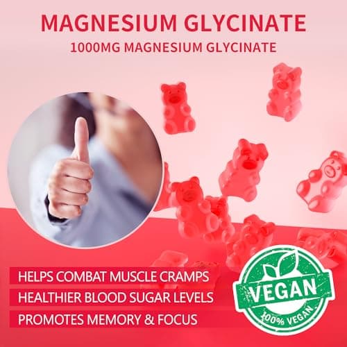 180 CT Magnesium Glycinate Gummies 1000mg - Sugar Free Magnesium Potassium Supplement with Vitamin D, B6, CoQ10 for Calm Mood & Sleep Support - 180 Raspberry Gummies - Thumbnail 6