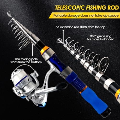 Telescopic Fishing Rod Reel Combo 2PCS 6.89FT Collapsible Fishing Pole Spinning Reel Lures Accessories with Fishing Bag Portable Fishing Rod Kit for Saltwater Freshwater Travel Fishermen Gift (Blue) - Thumbnail 2