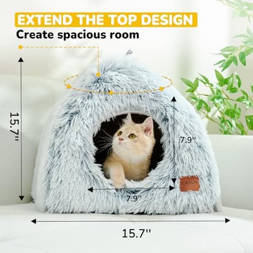 CATISM Cat Bed, Cat Cave for Indoor Cats, Soft Cat Dome, Self-Warming 2 in 1 Foldable Pet Cat House with Washable Cushioned Pillow Calming Fluffy Dog Beds for Small Dogs with Anti-Slip Bottom Gray - Thumbnail 3