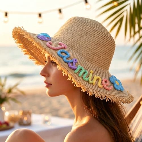 Customizable Wide-Brim Straw Sun Hat for Women – Personalized Beach hat; a for Mothers, Sisters, or Wives; a Travel and Beach Vacation Essential. Tan - Thumbnail 3