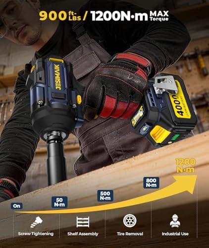 JESIMAIK Cordless Impact Wrench, 900Ft-lbs (1200N.m) 1/2" Brushless Impact Gun, 21V High Torque Impact Gun with 2×4.0Ah Batteries, 4 Variable Speeds, 5 Sockets, Impact Driver for Car/Pickup/Mower - Thumbnail 2
