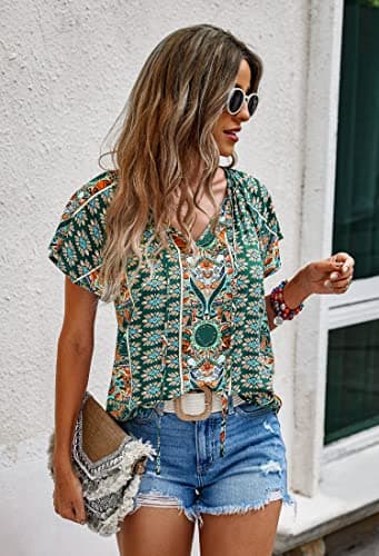 Angashion Women's Summer Tops Casual Floral Print V Neck Ruffle Short Sleeve Loose Tunic T Shirt Blouse Green XL - Thumbnail 2