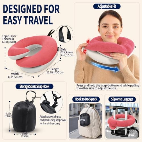 BUYUE Travel Neck Pillows for Airplanes, 360° Head Support Sleep for Long Flight, Skin-Friendly & Breathable, Kit with 3D Contoured Eye Mask, Earplugs and Storage Bag (Adult, Pink, 90+ lbs) - Thumbnail 5