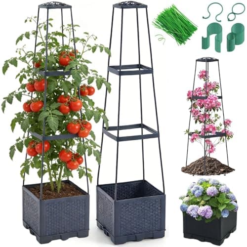 2 Pack Raised Garden Bed Tomato Planter with Trellis - 45" Self Watering Planters Box with Trapezoidal Trellis for Climbing Plants Vegetables Flowers - Tomato Cages for Greenhouse Indoor Outdoor - Image 1
