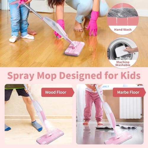 Lullulii Kids Spray Mop,Fun & Functional Toddler Cleaning Set,Real Working Mop for Floors,Pretend Play – Includes Spray Bottle, 2 Washable Microfiber Pads, Montessori Kids Cleaning Toy Set -Pink - Thumbnail 6