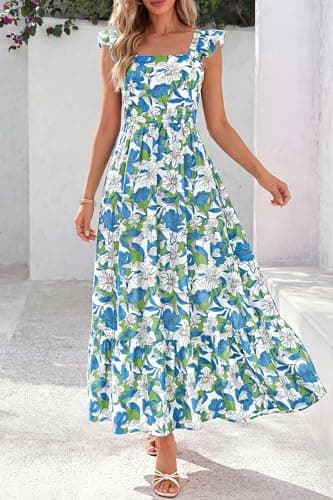 dowerme Womens Summer Dresses 2026 Ruffle Sleeve Square Neck Floral Boho Midi Dress Spring Smocked Beach Party Sundress(Floral Blue Green,X-Large) - Thumbnail 6