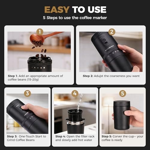 HAUSHOF Portable Coffee Grinder, Camping Coffee Makers, Portable Burr Coffee Grinder and Brewing Kit, Rechargeable, Personal Cordless Coffee Maker for Car, Camping, for Home Use - Thumbnail 6