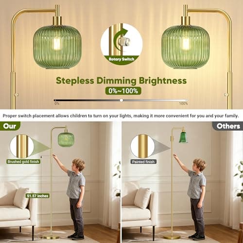 QiMH Glass Floor Lamp for Living Room, Modern Standing Lamp with Green Ribbed Glass Lampshade, Stepless Dimmable Rotary Switch, 67” Tall Lamp for Bedroom Home Decor, Brushed Gold - Thumbnail 2