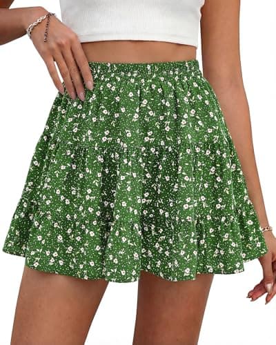BTFBM Summer Skirts for Women 2026 Floral High Waist Shorts Underneath Boho Tiered Flowy Tennis Skorts Casual Mini Skirt(Floral Green, Small) - Image 1