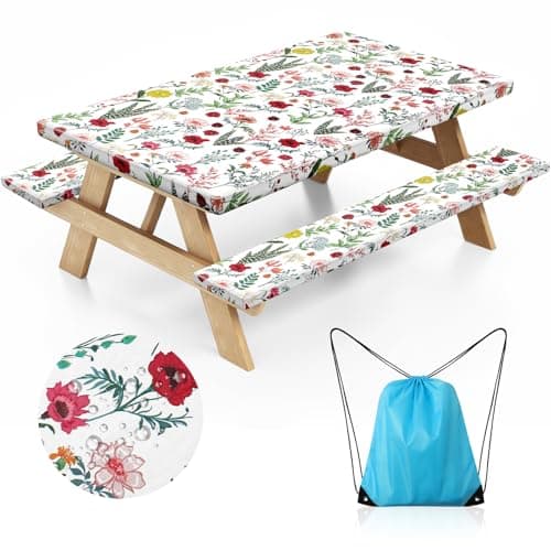 Nimalpal Picnic Table Cover with Bench Covers and Bag - Outdoor Camping Accessories Waterproof Camping Tablecloth with Elastic Edges Fitted Rectangle Tables and Seats - Image 1