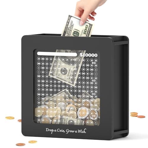 Summidate Wooden Money Saving Box, 10000 Challenge Cash Vault Savings Box with Tracker Stickers and Removable Windows, Reusable Piggy Bank for Adults & Kids, Birthday/Baby Shower/Wedding Gift