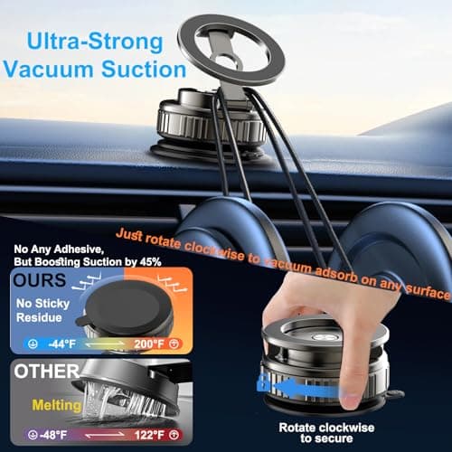 Kairiyard Magnetic Phone Holders for Your Car, [80+LBS Strongest Suction & 2400gf Magnetic] 360° Adjustable Vacuum Suction Cup Car Cell Phone Holder Mount Compatible for MagSafe iPhone Android Phone - Thumbnail 4