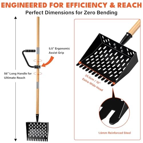 Chicken Poop Scooper for Sand, Extra Large Chicken Coop Scoop with 47" Handle & Assist Tool, 1.6mm Thick Heavy Duty Chicken Scooper for Poop, 2-in-1 Sifting Rake for Effortless Cleaning - Thumbnail 2
