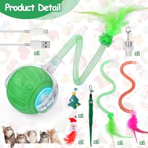 Interactive Cat Toy Ball - Christmas Cat Toys for Indoor Cats with Feather Tails for Chasing, Moving Stimulation Smart Cat Toy for Enrichment, Motion Activated Automatic Rolling Toys to Keep Them Busy - Thumbnail 2