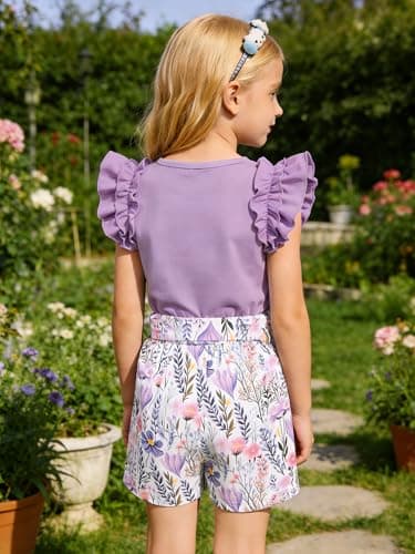 AMAWMW Girl's Outfits Ruffle Sleeve Shirt Top High Waist Paper Bag Shorts with Pockets Cute Summer Clothes, Purple, 11-12 Years - Thumbnail 4