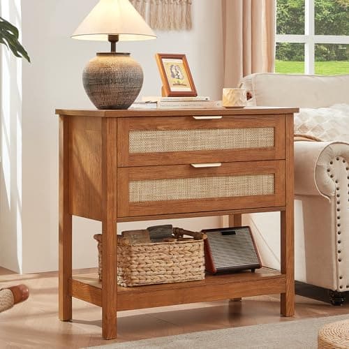 LEYAOYAO 31.5" Wide Rattan Night Stand, Oversized Large Boho Nightstand with 2 Drawer, Tea Brown Bed Side End Tables with Storage Shelf, Tall Bedside Table for Bedroom Living Room, Hallway