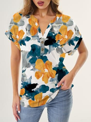 GKBK Womens Short Sleeve Henley Tops V Neck Dressy Casual Blouses Summer Trendy Tee Shirts 2026 Vacation Going Out Resort Wear Fashion Clothes Print Flower L - Thumbnail 4