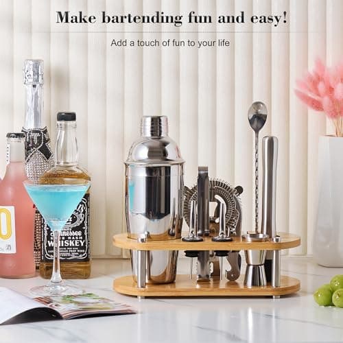 Cocktail Shaker Set Bartender Kit - 11 Pcs Bar Tool Set with Bamboo Stand & All Bar Accessories: Martini Shaker, Strainer,Jigger, Muddler, Mixer Spoon Barware Kit, for Bar, Home Lounge & Party - Thumbnail 3