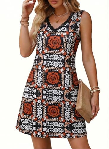 Dokotoo Summer Boho Sundresses for Women 2026 Lace V Neck Mini Dresses Sleeveless Floral Dress Ruffle A Line Casual Hawaiian Dresses for Beach Vacation Black Large - Image 1