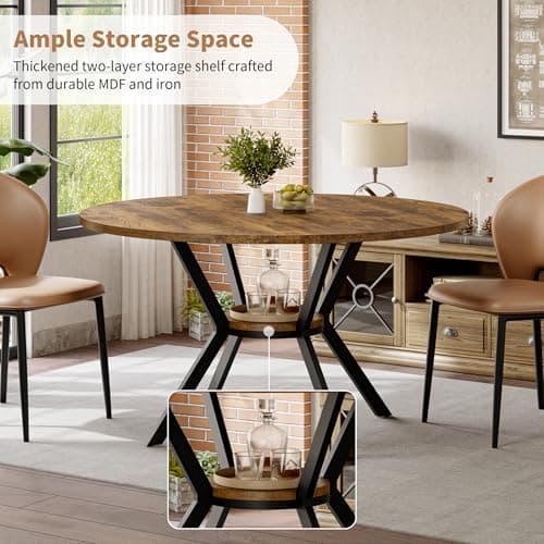 MECHYIN Round Dining Table for 2-4, 42 Inch Wood Kitchen & Dining Room Tables with Storage, Circle Dinner Table with Metal Legs, Space Saving Small Table for Dining Room, Kitchen, Rustic Brown - Thumbnail 3