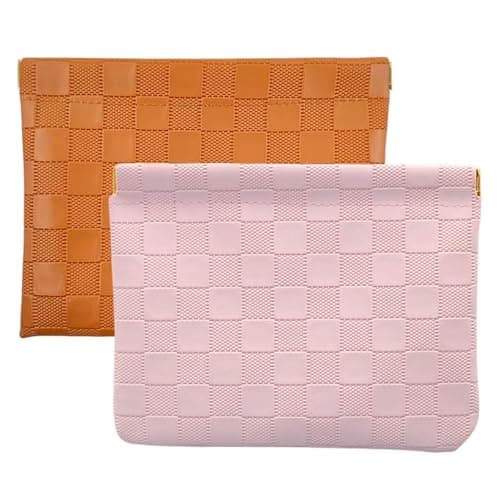 AOzT 2Pcs Small Waterproof Checkered Makeup Bag Portable Leather Travel Toiletry Organizer With Snap Closure Aesthetic Storage Pouches For Purse Pink And Brown - Image 1