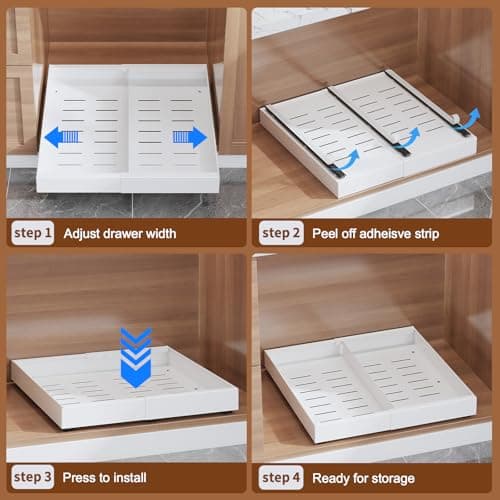 Tbzieoc 2-Pack Expandable Pull Out Drawers for Cabinets, 21" Deep Each, Adjustable 12–20" Width – Magnetic Dividers, Optional Riser, Heavy-Duty 3-Rail Glide, No-Drill Roll-Out Shelf Organizers, White - Thumbnail 6