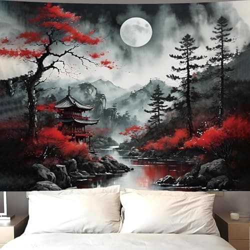 Atrippy Anime Japanese Wall Tapestry for Bedroom Aesthetic, Black Forest Moon Tapestry Wall Hanging, Vintage Nature Mountain Art Decor Tapestries Dark Landscape Backdrop for Living Room 51"X60" - Image 1