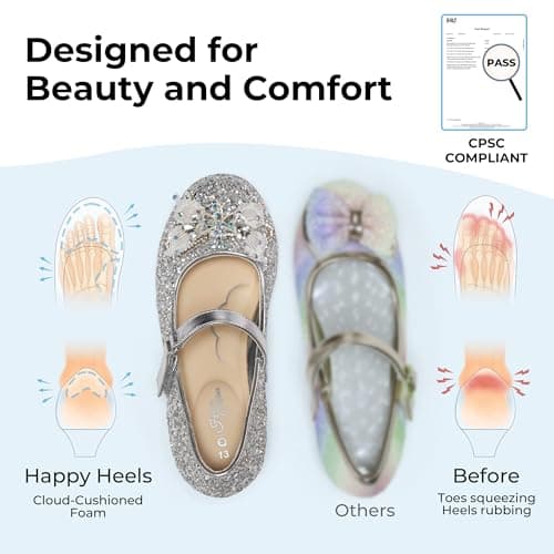 PATPAT Girls Dress Shoes Size 11 Little Kid, Silver Glitter Shoes with Butterfly Hair Clips, Sequins Rhinestones Bowknot Princess Low Heels Mary Jane Footwear Heels for Girls Dress Up - Thumbnail 3