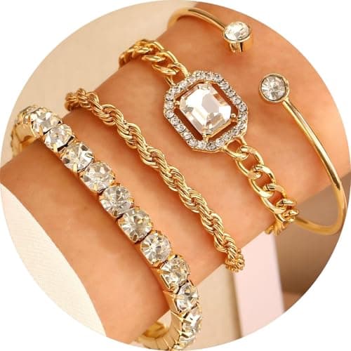 Alegend Bracelets Sets 14K Gold Plated Stackable Bold Twisted Rope, Romantic Crystal, Delicate Chains Bangle Glamorous Gift - Thumbnail 2