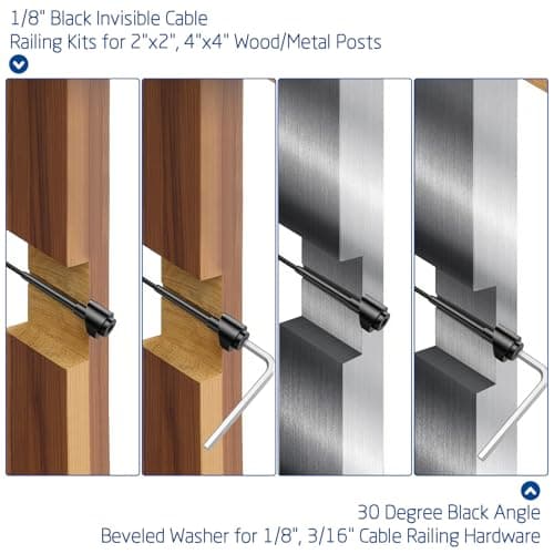 Cable Railing Kit, 100 PCS 1/8" Black Stainless Steel Invisible Receiver and Swage Stud End & 10 PCS 5/16" ID Black Angle Washers for Cable Railing, Cable Railing Hardware for Wood/Metal Post, Wrench - Thumbnail 6